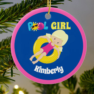 Cute Swimming Pool Blonde Girl Personalised Ceramic Tree Decoration