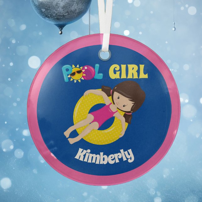 Cute Swimming Pool Girl Custom Pink Blue Christmas Glass Tree Decoration (Creator Uploaded)