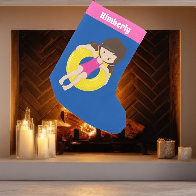 Cute Swimming Pool Girl Custom Pink Blue Small Christmas Stocking (Creator Uploaded)