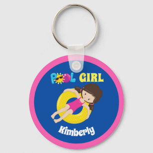 Cute Swimming Pool Girl Custom Pink Blue Swimmer Key Ring