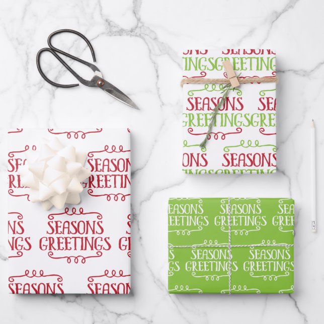 Cute Swirly Season's Greetings Ornament Christmas Wrapping Paper Sheet (Front)