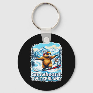 Cute Swiss Marmot Snowboarding Scenic Mountains Key Ring