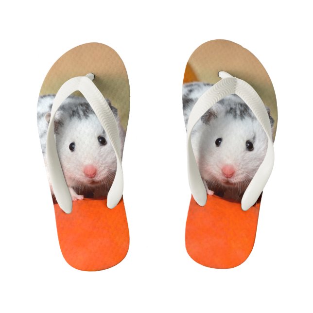 Cute Syrian Hamster White Black Spotted Funny Pet Kid's Flip Flops (Footbed)