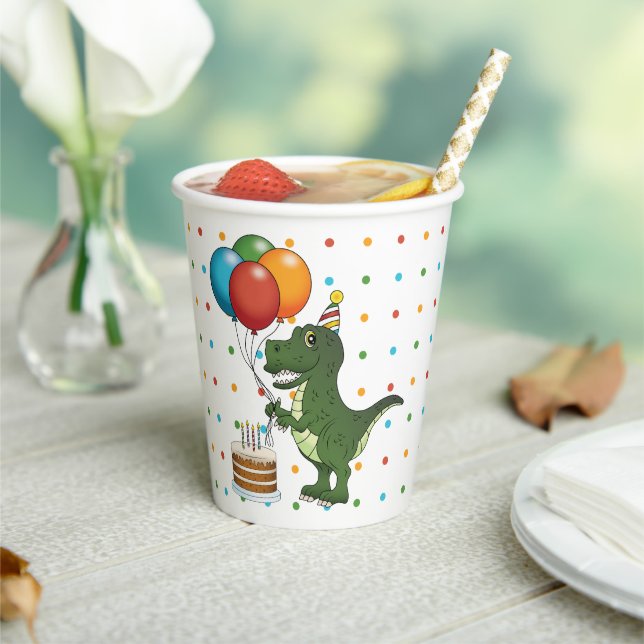 Cute T-rex And Balloons Colourful Happy Birthday Paper Cups (Insitu)