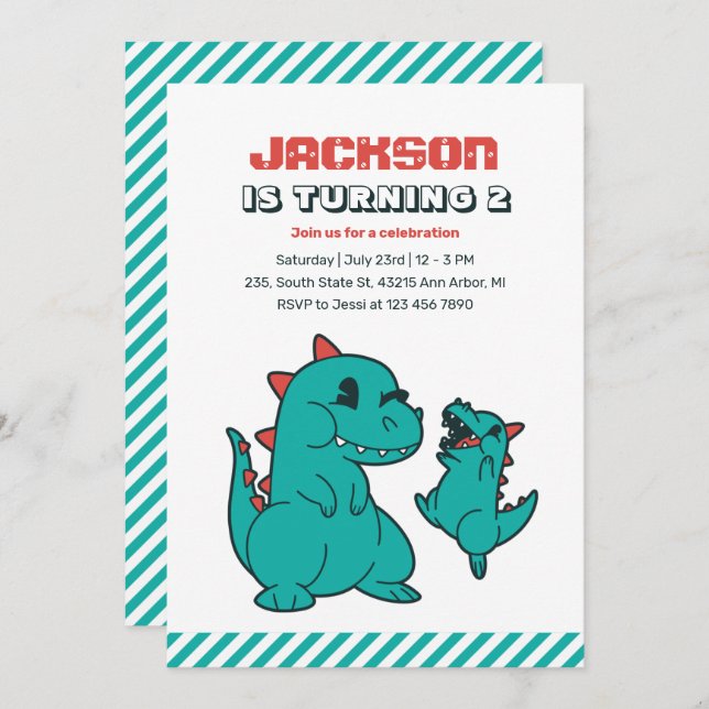 Cute T-rex Baby Dinosaur And Mum Kids Birthday Invitation (Front/Back)