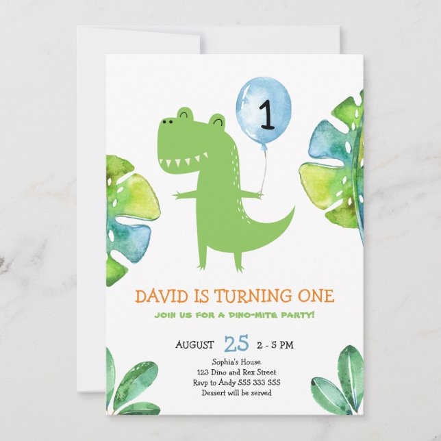 Cute T-Rex Boy First Birthday Dinomite Dinosaur Invitation (Front)