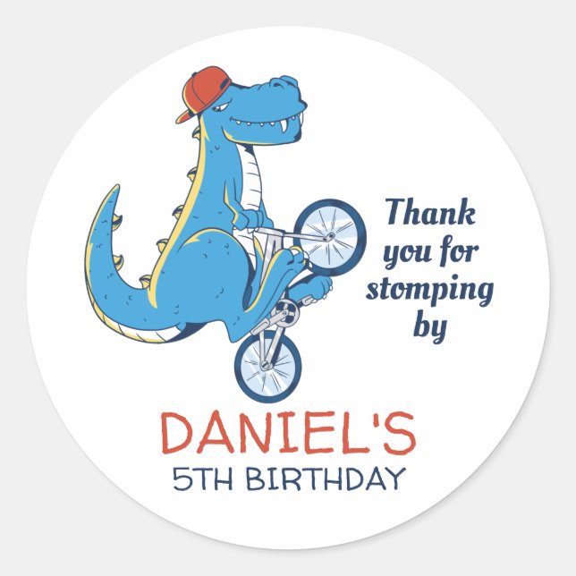 Cute T-Rex Cartoon Dinosaur Kids Birthday Party Classic Round Sticker (Front)