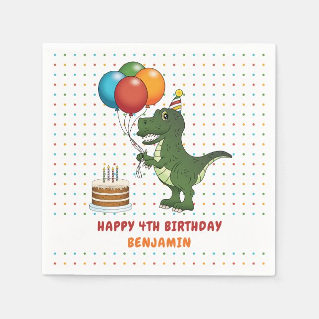 Cute T-rex Dinosaur And Colourful Birthday Balloon Napkin (Front)