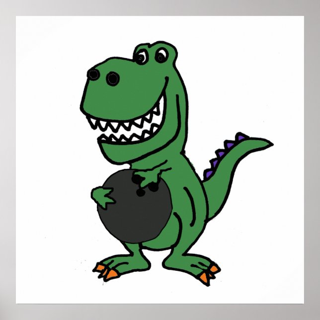 Cute T-rex Dinosaur Bowling Cartoon Poster (Front)