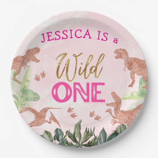 Cute T Rex Dinosaur Girl 1st Birthday Party Paper Plate (Front)