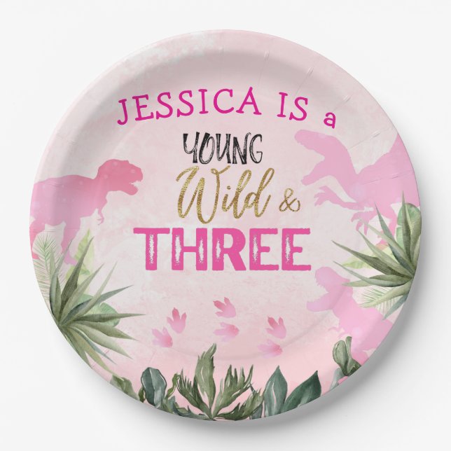 Cute T Rex Dinosaur Girl 3rd Birthday Party Paper Plate (Front)