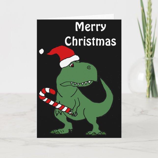 Cute T-rex Dinosaur in Santa Hat Christmas Art Holiday Card (Front)