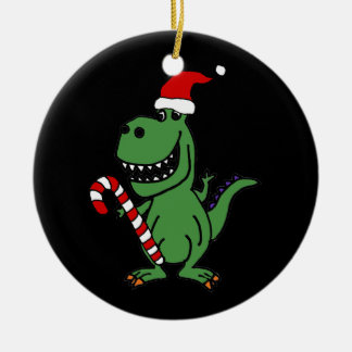 Cute T-rex Dinosaur in Santa Hat with Candy Cane Ceramic Tree Decoration