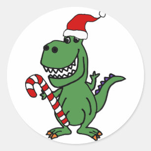 Cute T-rex Dinosaur in Santa Hat with Candy Cane Classic Round Sticker