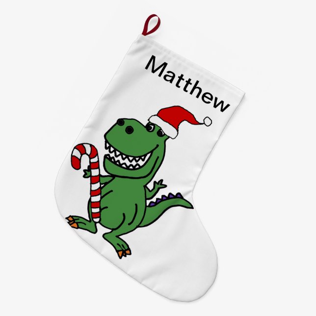 Cute T-rex Dinosaur in Santa Hat with Candy Cane Large Christmas Stocking (Front (Hanging))