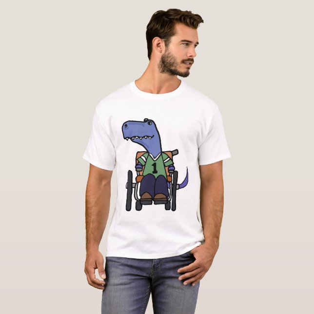 Cute T-rex Dinosaur in Wheelchair Cartoon T-Shirt (Front Full)