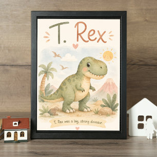 Cute T. Rex Dinosaur Nursery Watercolor Poster