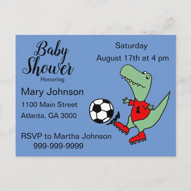 Cute T-rex Dinosaur Playing Soccer Baby Shower Invitation Postcard (Front)