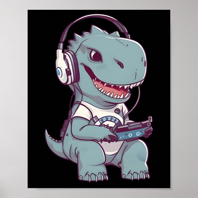 Cute T. Rex-dinosaur Playing Video Game Gaming Gam Poster (Front)