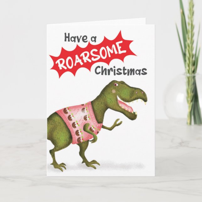 Cute T.rex dinosaur 'Roarsome Christmas' card (Front)