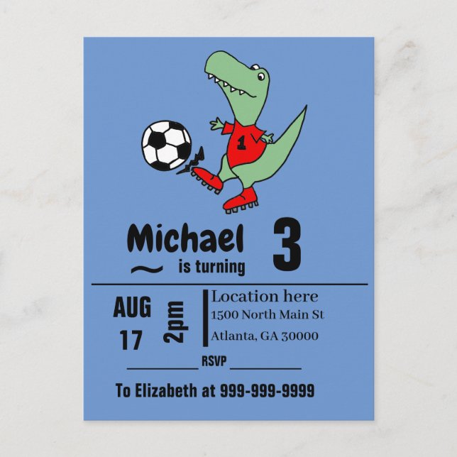 Cute T-rex dinosaur Soccer Birthday Party Invitation Postcard (Front)