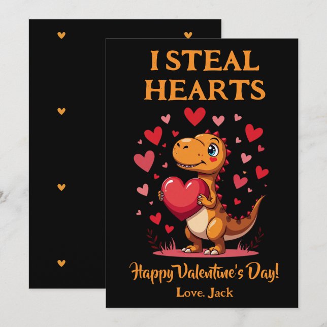 Cute T-Rex Dinosaur Valentine's Day I Steal Hearts Holiday Card (Front/Back)