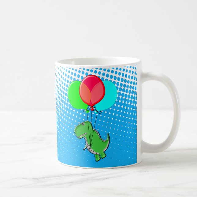 Cute T-Rex Flying With Balloons In Blue Sky Coffee Mug (Right)