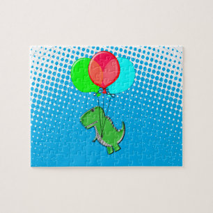 Cute T-Rex Flying With Balloons In Blue Sky Jigsaw Puzzle