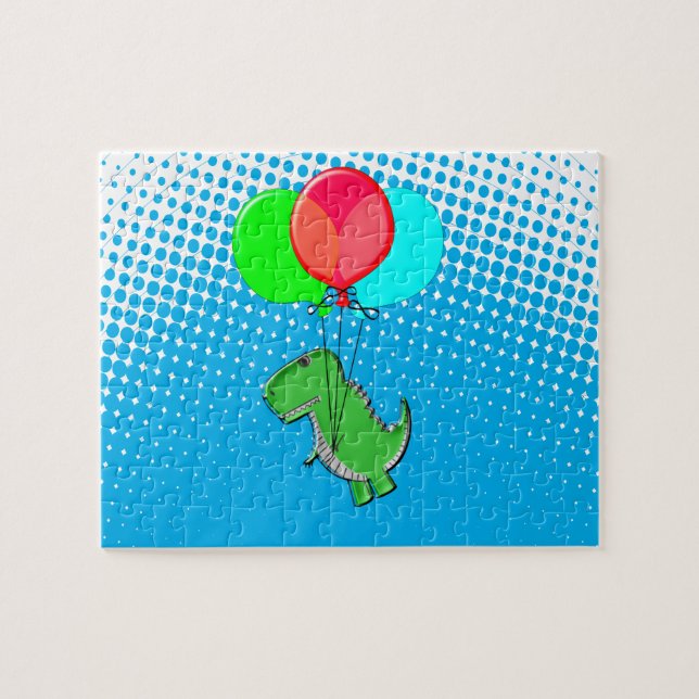 Cute T-Rex Flying With Balloons In Blue Sky Jigsaw Puzzle (Horizontal)