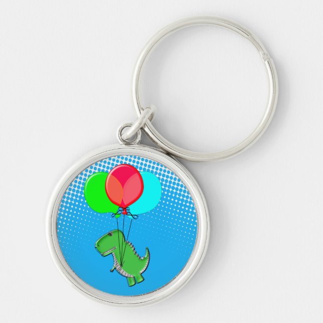 Cute T-Rex Flying With Balloons In Blue Sky Key Ring (Front)