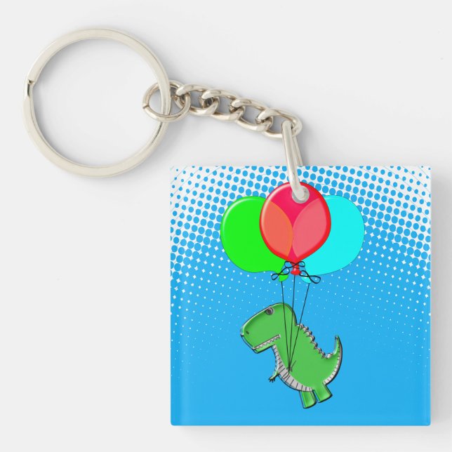 Cute T-Rex Flying With Balloons In Blue Sky Key Ring (Front)
