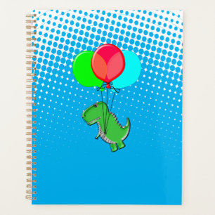 Cute T-Rex Flying With Balloons In Blue Sky Planner