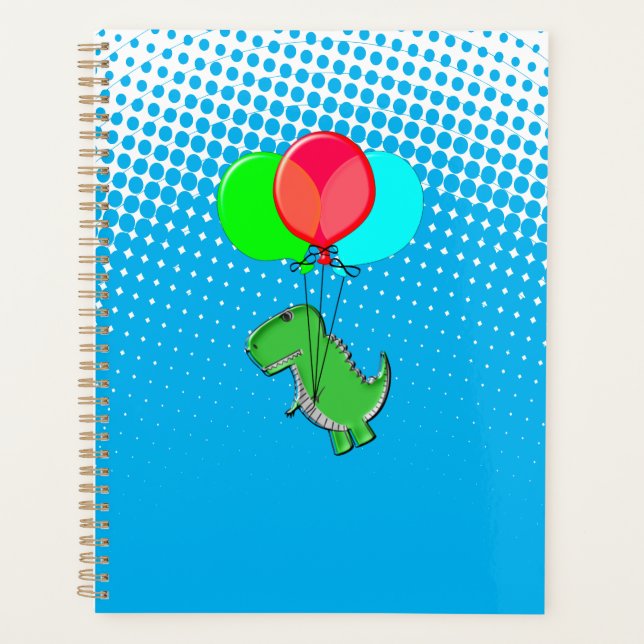 Cute T-Rex Flying With Balloons In Blue Sky Planner (Front)