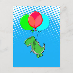 Cute T-Rex Flying With Balloons In Blue Sky  Postcard