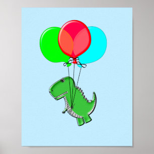 Cute T-Rex Flying With Balloons In Blue Sky Poster