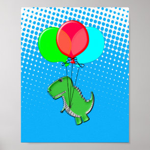 Cute T-Rex Flying With Balloons In Blue Sky Poster
