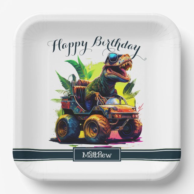 Cute T-Rex Riding Monster Truck Dinosaur Birthday  Paper Plate (Front)
