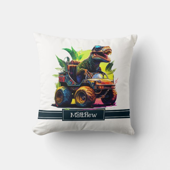Cute T-Rex Riding Monster Truck Dinosaur Name Cushion (Front)