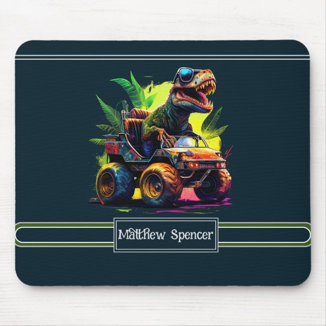 Cute T-Rex Riding Monster Truck Dinosaur Name Mouse Mat (Front)