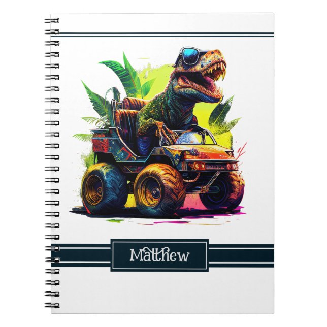 Cute T-Rex Riding Monster Truck Dinosaur Name Notebook (Front)
