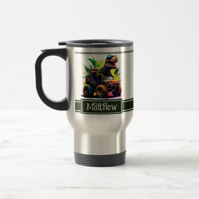 Cute T-Rex Riding Monster Truck Dinosaur Name Travel Mug (Left)