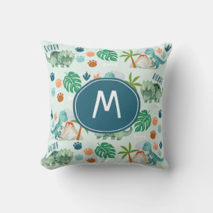 Cute T Rex Triceratops Dinosaur Pattern Monogram Cushion