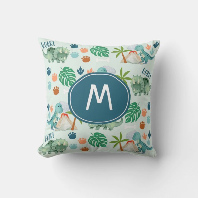 Cute T Rex Triceratops Dinosaur Pattern Monogram Cushion (Front)