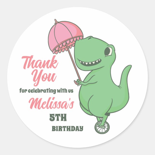 Cute T-Rex Unicycle Dinosaur Kids Birthday Party Classic Round Sticker (Front)