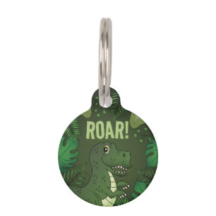 Cute T-rex With Green Tropical Plants Roar Text Pet Tag