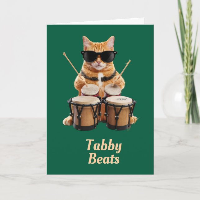 Cute Tabby Bongo Player Greeting Card (Front)