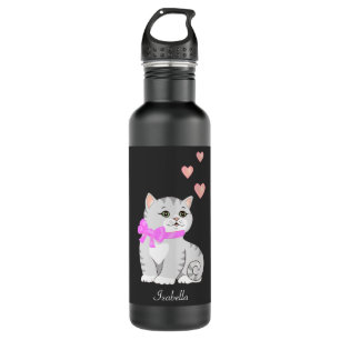 Cute Tabby Cat and Hearts on Black 710 Ml Water Bottle