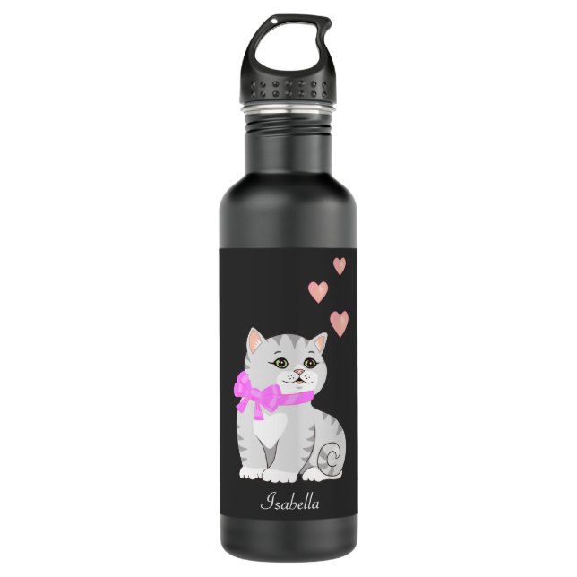 Cute Tabby Cat and Hearts on Black 710 Ml Water Bottle (Front)