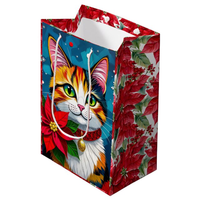 Cute Tabby Cat and Poinsettia Christmas Medium Gift Bag (Front Angled)