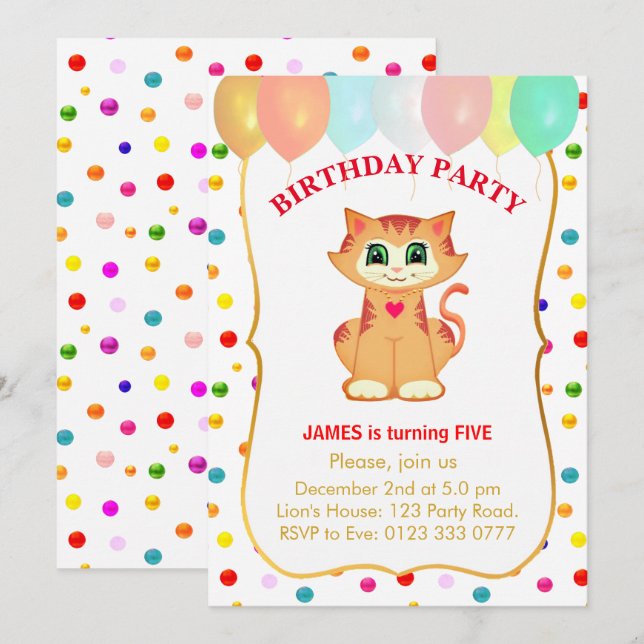 Cute Tabby Cat, Balloons and Confetti Birthday Invitation (Front/Back)